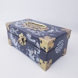 Vintage Chinese Jewelry Box Black Lacquer Brass Bound & Mother Of Pearl Inlay